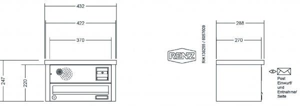 RENZ Briefkastenanlage Aufputz, Tetro, Kastenformat 370x110x270mm, mit Klingel - & Lichttaster und Vorbereitung Gegensprechanlage, 1-teilig